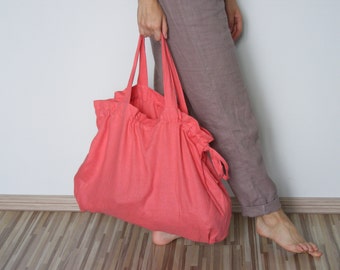 Large Linen Bag in Coral Pink / Linen Tote Bag / Linen Beach Bag / Linen Shopping Bag / Linen Bag with Drawstring Closure