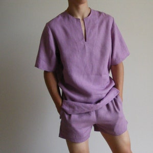Mens Linen Short Sleeve Shirt. Dusty pink color. Linen Beach Shirt. Lounge Flax Shirt.