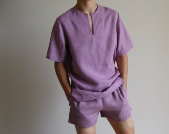 Mens Linen Short Sleeve Shirt. Dusty pink color. Linen Beach Shirt. Lounge Flax Shirt.