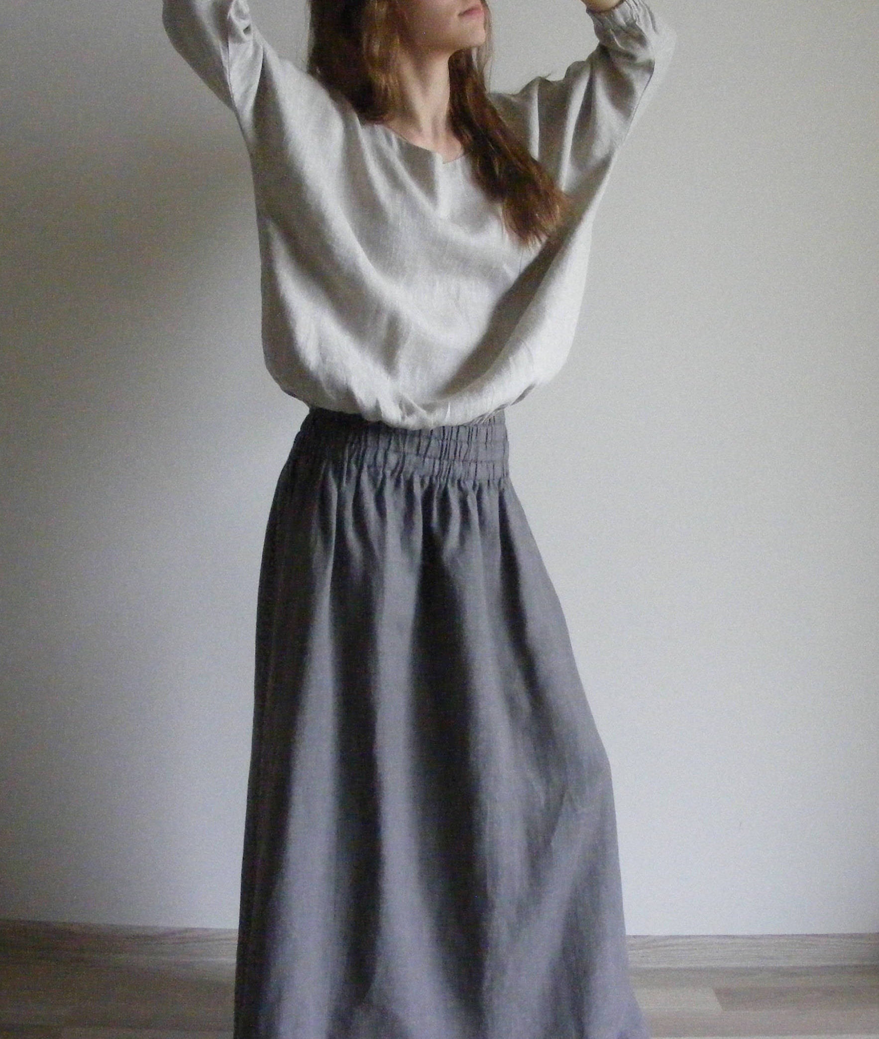 Long Linen Skirt With Side Pockets in Stone Gray/ Linen Maxi Etsy