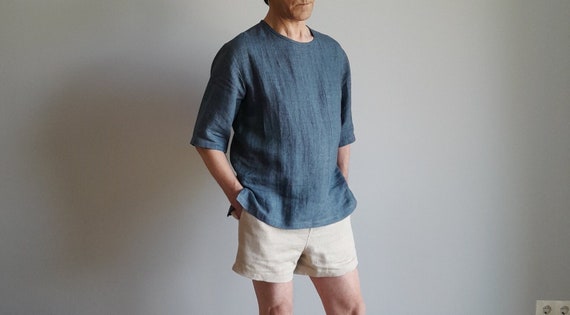 Summer Linen Shirt. Oversized Melange Denim Linen T-shirt