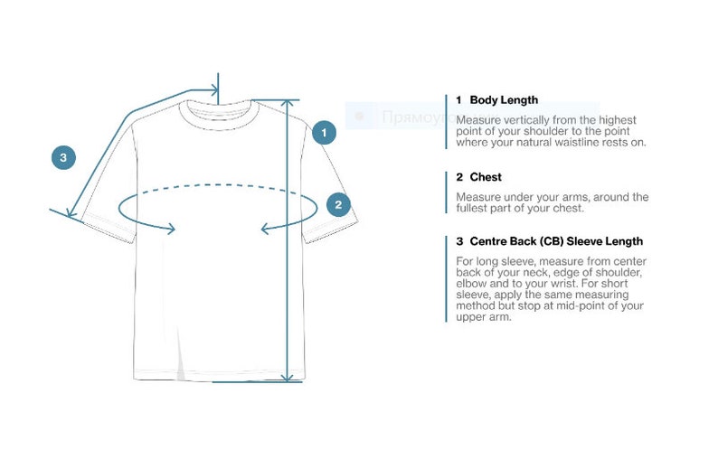 K&ouml;nnte beinhalten: Diagramm, das zeigt, wie man die K&ouml;rperl&auml;nge, die Brust und die &Auml;rmell&auml;nge vom R&uuml;ckenmittelpunkt f&uuml;r ein T-Shirt misst. Das Diagramm zeigt ein wei&szlig;es T-Shirt mit einer blauen Umrandung und Pfeilen, die angeben, wo gemessen werden soll.