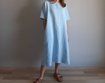 Sky Blue Linen Tunic Dress: Oversize Short Sleeve Design