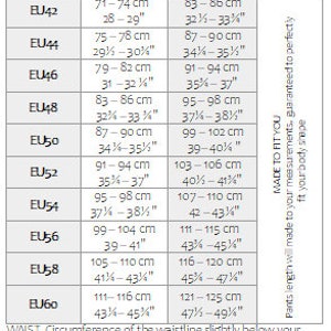 May include: A chart showing men's pants sizing information. The chart includes waist and hip measurements in inches and centimeters, as well as inseam length. The chart is titled "Men's Pants Sizing Information".
