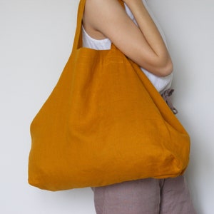 Grande bolsa de linho em mostarda / Bolsa de linho / Bolsa de praia de linho / Bolsa de compras de linho / Bolsa de linho com fecho de cordão