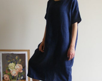 Melange Blue Oversize Linen Dress. Loose Fit Linen Dress, Linen Tunic