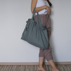 Bolsa grande de linho cinza claro / Bolsa de linho / Bolsa de praia de linho / Bolsa de compras de linho / Bolsa de linho com fecho de cordão