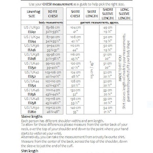 May include: A chart showing men's shirt sizing information. The chart includes US and EU sizes, chest measurements in inches and centimeters, and shirt length and sleeve length measurements in inches and centimeters.