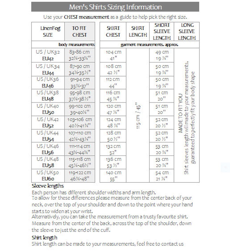 May include: A chart showing men's shirt sizing information. The chart includes US and EU sizes, chest measurements in inches and centimeters, and shirt length and sleeve length measurements in inches and centimeters.