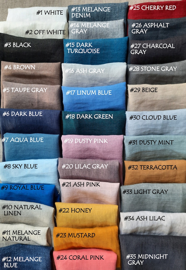 May include: A color chart of 35 fabric swatches with corresponding numbers and names. The swatches are arranged in rows of three, with the numbers and names listed on the right side of each swatch.