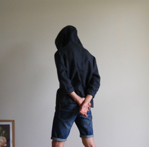 Men Linen Hoodie INTS. Charcoal Gray, Hooded Linen Shirt, Hooded Long Sleeve Shirt