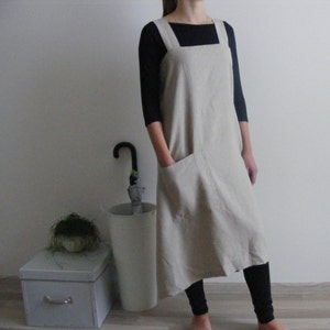 Long linen apron / Square cross linen apron / Japanese style apron / Washed natural linen apron