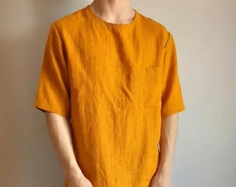 Lässiges Leinenhemd mit Rundhalsausschnitt. Oversized Leinen T-shirt in Senfgelb