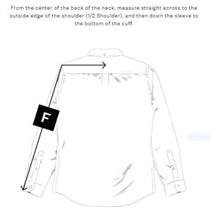 May include: Diagram showing how to measure the sleeve length of a shirt. The measurement starts at the center back of the neck, goes across the shoulder, and then down the sleeve to the bottom of the cuff. The measurement is labeled "F".