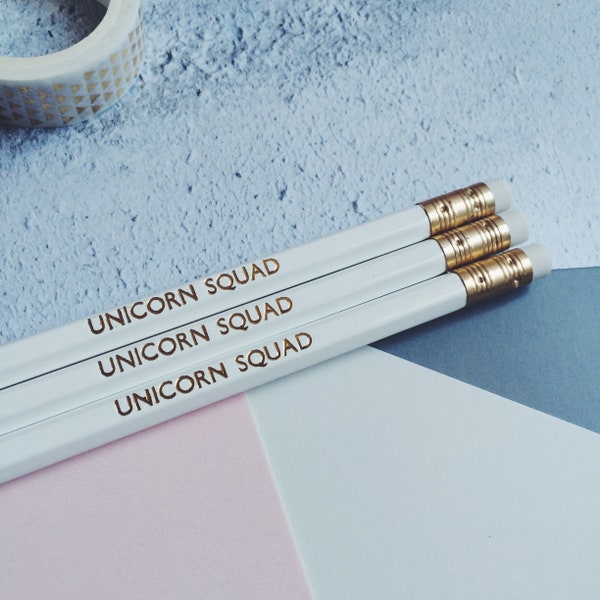 Unicorn pencils. Unicorn squad Unicorn stationery. White and gold HB pencils. school supplies. Party favours