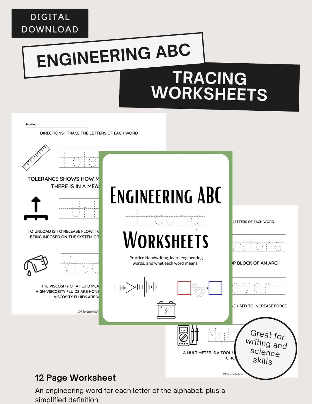 Engineering ABC Tracing Worksheet, Handwriting Practice Digital
