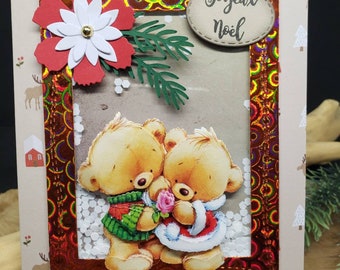 Carte Noël. Carte ourson de Noël. Carte Noël fait main. Ours de Noël.