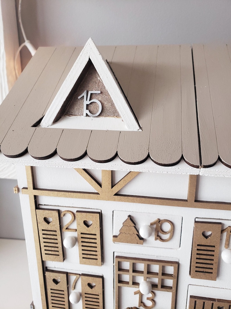 Wooden Advent Calendar – Gold and White Chalet House – Reusable Handmade Christmas Decoration – Original Christmas Gift Idea image 14