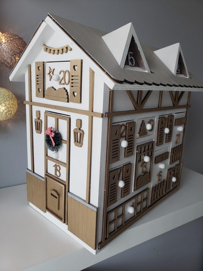 Wooden Advent Calendar – Gold and White Chalet House – Reusable Handmade Christmas Decoration – Original Christmas Gift Idea image 18