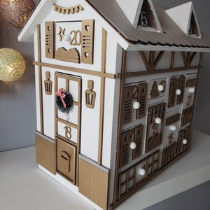 Wooden Advent Calendar – Gold and White Chalet House – Reusable Handmade Christmas Decoration – Original Christmas Gift Idea image 4