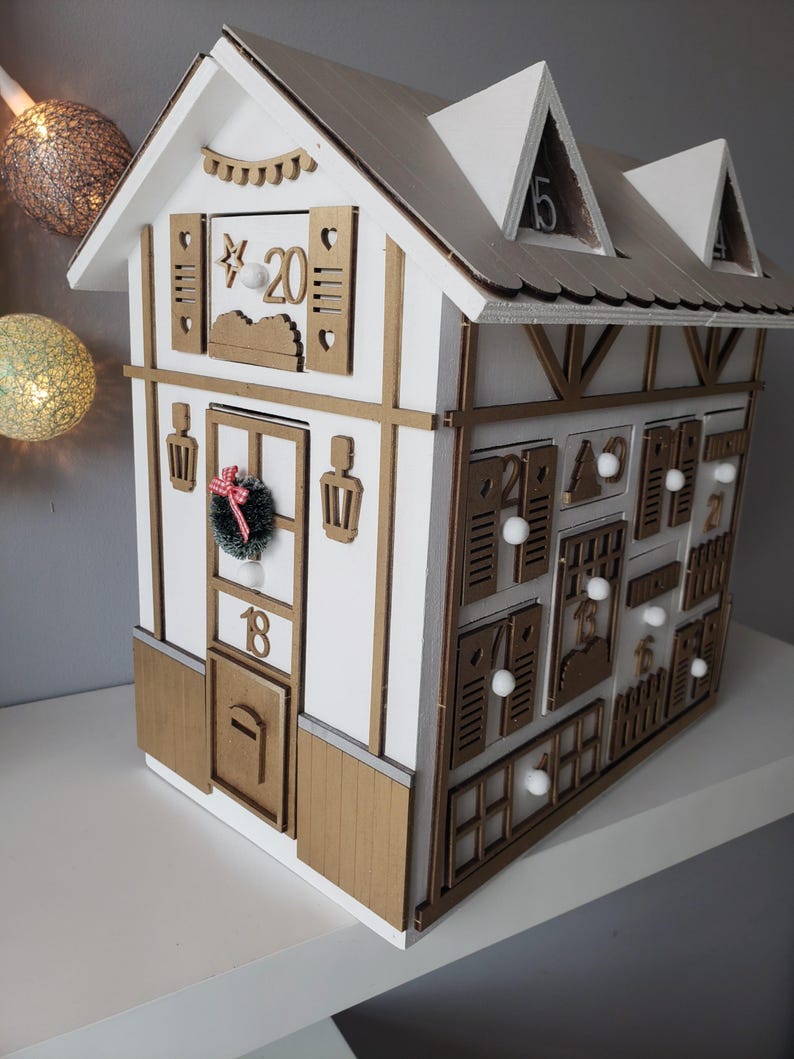 Wooden Advent Calendar – Gold and White Chalet House – Reusable Handmade Christmas Decoration – Original Christmas Gift Idea image 4