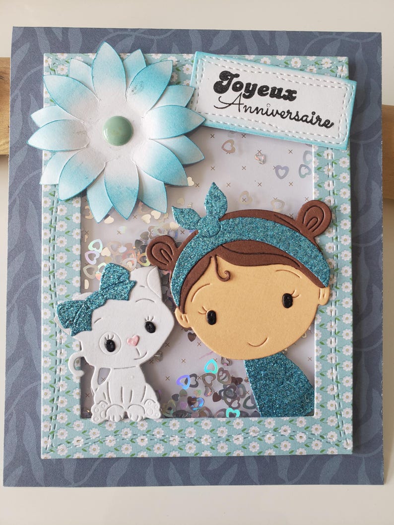 Carte anniversaire. Carte anniversaire petite fille. Carte chat. Carte anniversaire fille. Carte anniversaire fait main. image 2