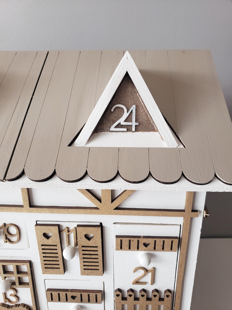 Wooden Advent Calendar – Gold and White Chalet House – Reusable Handmade Christmas Decoration – Original Christmas Gift Idea image 19