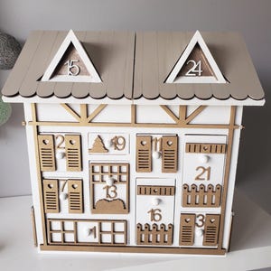 Wooden Advent Calendar – Gold and White Chalet House – Reusable Handmade Christmas Decoration – Original Christmas Gift Idea image 2