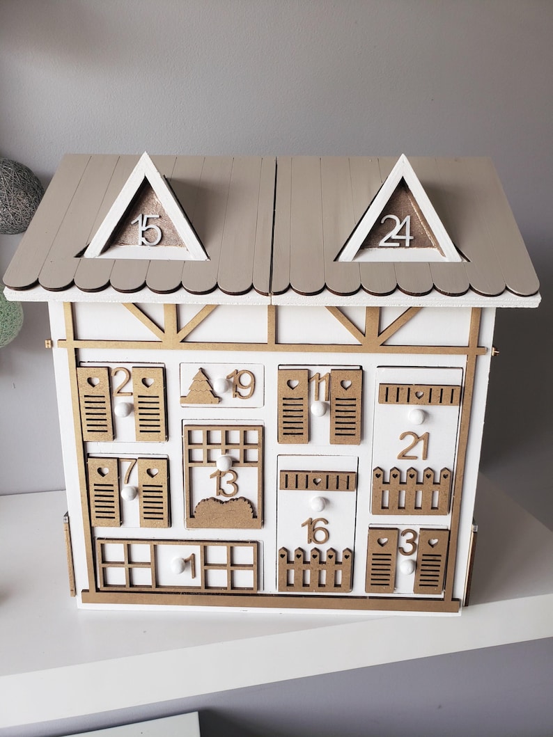 Wooden Advent Calendar – Gold and White Chalet House – Reusable Handmade Christmas Decoration – Original Christmas Gift Idea image 2