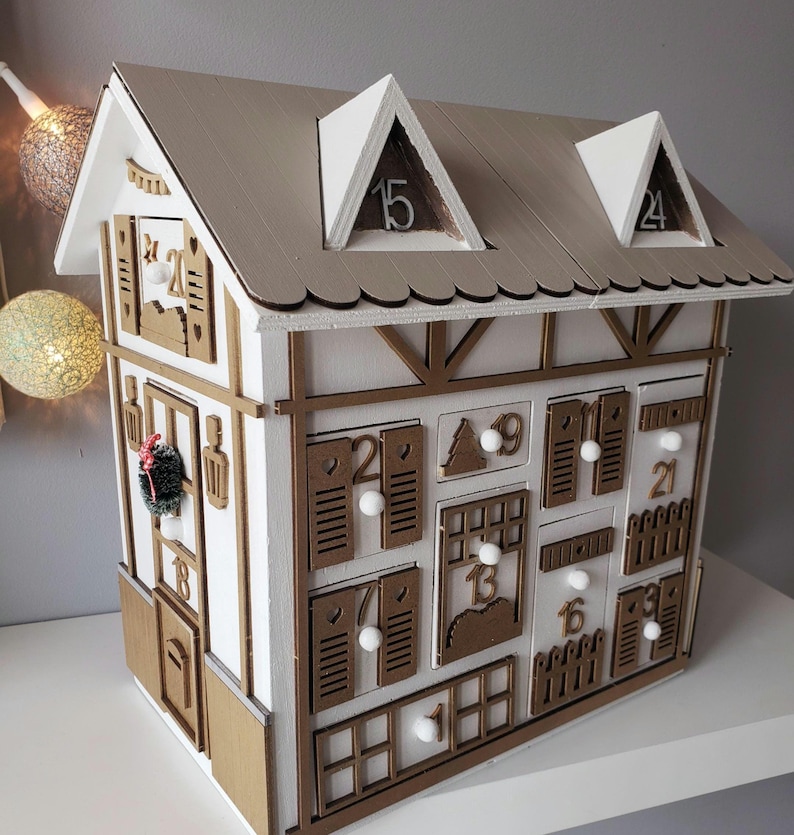 Wooden Advent Calendar – Gold and White Chalet House – Reusable Handmade Christmas Decoration – Original Christmas Gift Idea image 1