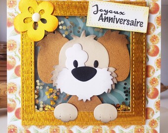 Biglietto di auguri di compleanno. Biglietto di auguri per il compleanno di un bambino. Carta cane. Biglietto di auguri per il compleanno del cane.