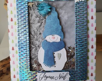 Snowman. Christmas card. Boy Christmas card. Handmade Christmas card.
