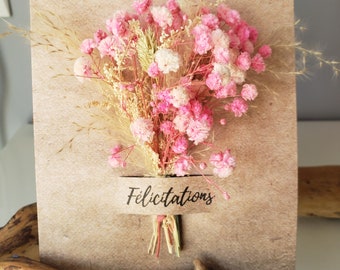 Carte félicitations. Fleurs séchées. Carte mariage.