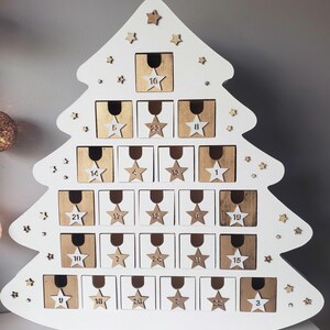 Wooden Advent Calendar – White and Gold Fir Tree, 24 Numbered Drawers, Reusable Christmas Decoration, Surprise Calendar, Scandinavian Style