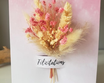 Carte félicitations. Fleurs séchées. Carte mariage. Carte communion. Carte baptême.