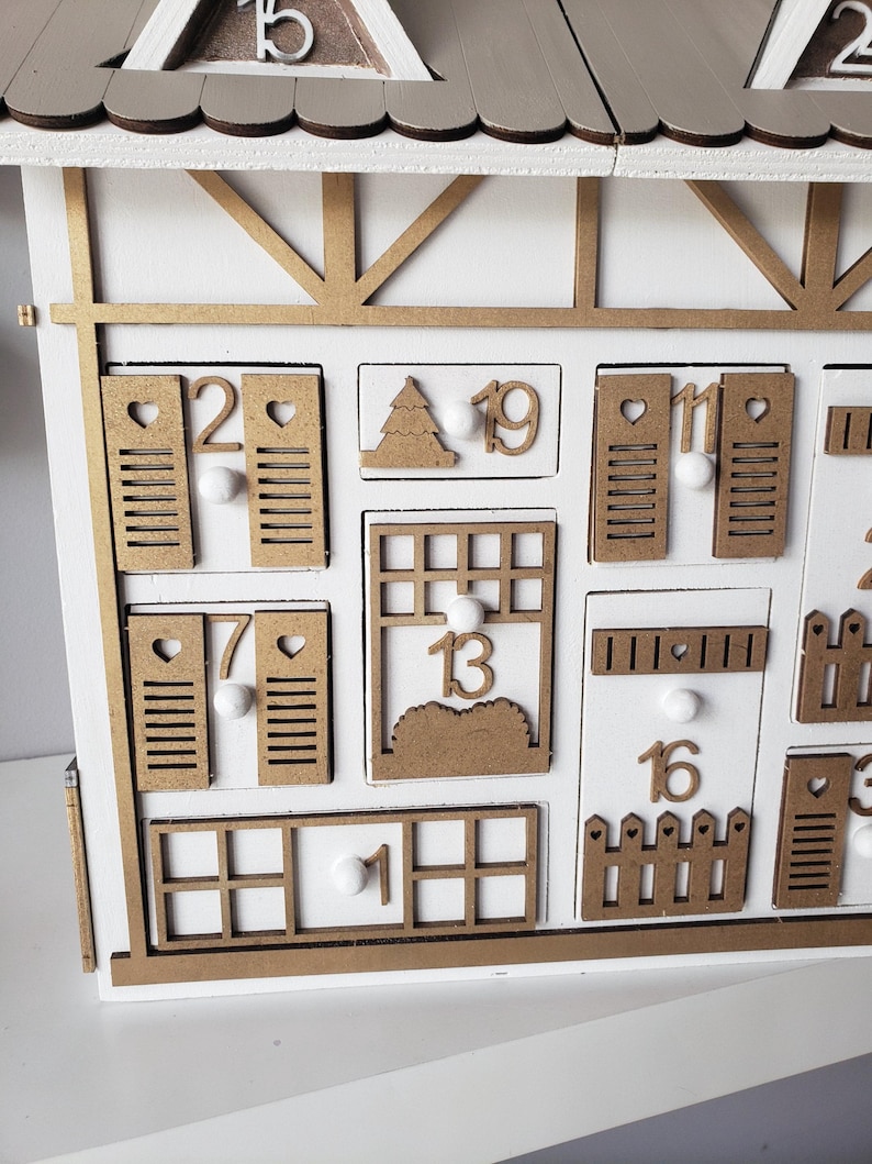 Wooden Advent Calendar – Gold and White Chalet House – Reusable Handmade Christmas Decoration – Original Christmas Gift Idea image 17