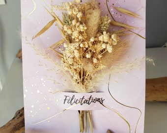 Carte félicitations. Fleurs séchées. Carte mariage. Carte départ retraite.