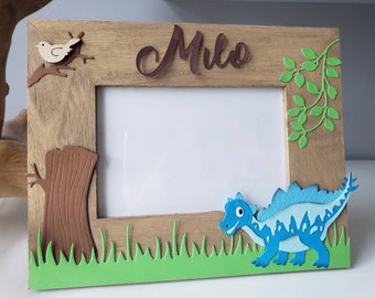 Wooden photo frame. Photo frame. Child photo frame. Customizable frame. Dinosaur.