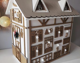 Wooden Advent Calendar “Chalet” – Decorative Christmas House in White and Gold, 24 Reusable Boxes