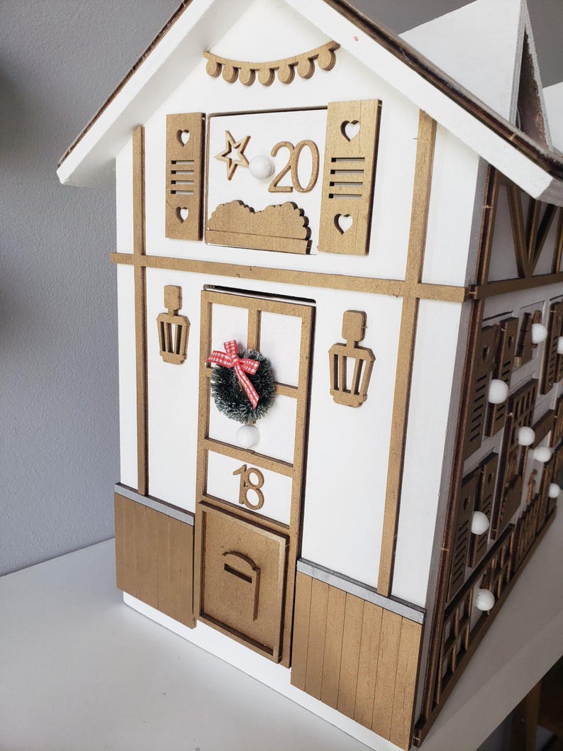 Wooden Advent Calendar – Gold and White Chalet House – Reusable Handmade Christmas Decoration – Original Christmas Gift Idea image 20