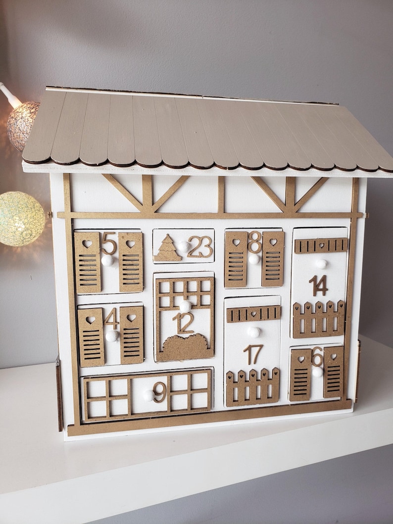 Wooden Advent Calendar – Gold and White Chalet House – Reusable Handmade Christmas Decoration – Original Christmas Gift Idea image 15