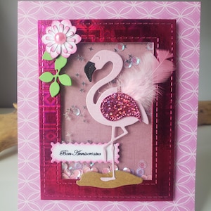 Carte anniversaire. Carte flament rose. Carte joyeux anniversaire fait main. Flamand rose.
