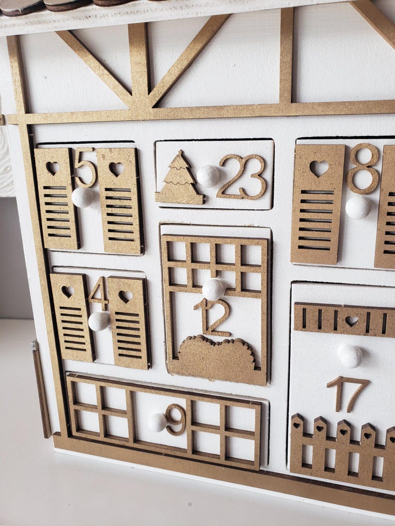 Wooden Advent Calendar – Gold and White Chalet House – Reusable Handmade Christmas Decoration – Original Christmas Gift Idea image 16
