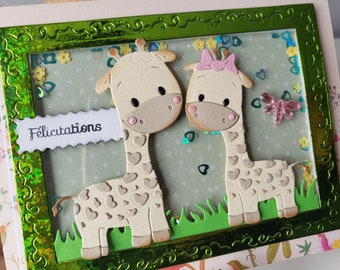 Faire part naissance. Carte naissance. Naissance garçon. Naissance fille. Girafe.