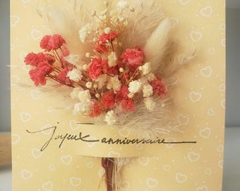Cartão de aniversário de casamento personalizável, buquê de flores secas bege e vermelhas, cartão feito à mão 17x14 cm