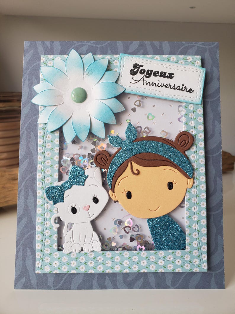 Carte anniversaire. Carte anniversaire petite fille. Carte chat. Carte anniversaire fille. Carte anniversaire fait main. image 1
