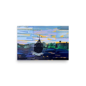 Alba sulla baia, arte murale, arte murale, alba, arte della Florida, Florida, scena della baia, scena mattutina della baia, collage, astratto, barca da pesca
