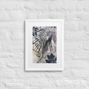 Foglie blu, stampa, stampa incorniciata, incorniciata e passepartout, collagrafia, tropicale, palme, quercia viva, Florida, astratto