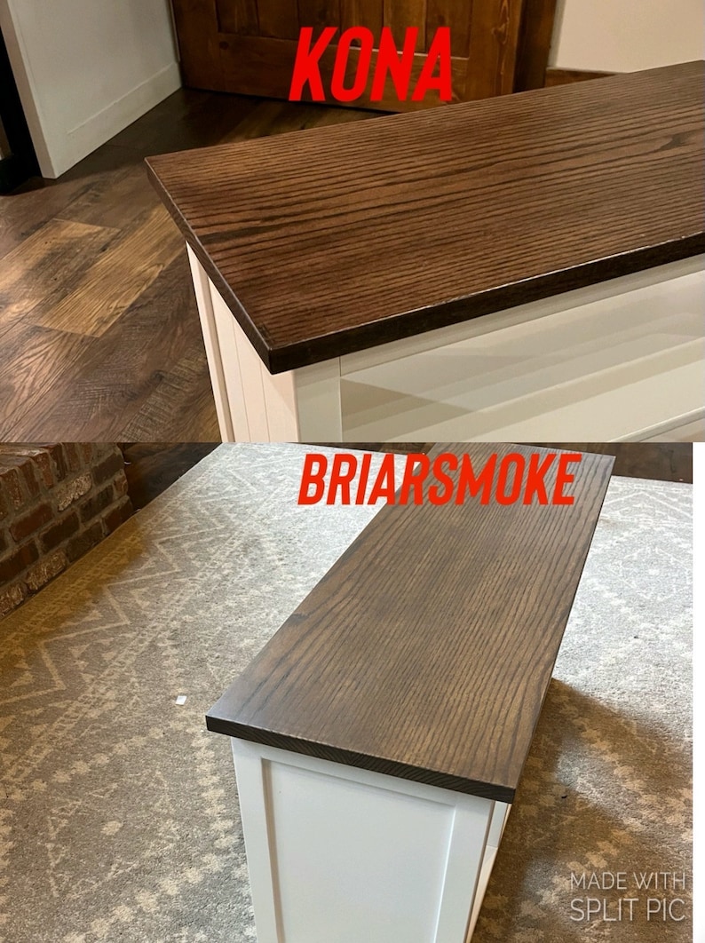 Puede incluir: Dos armarios de madera blanca con diferentes acabados de tinte para madera. El armario superior tiene un tinte marr&oacute;n oscuro etiquetado como "Kona" y el armario inferior tiene un tinte marr&oacute;n claro etiquetado como "Briarsmoke".