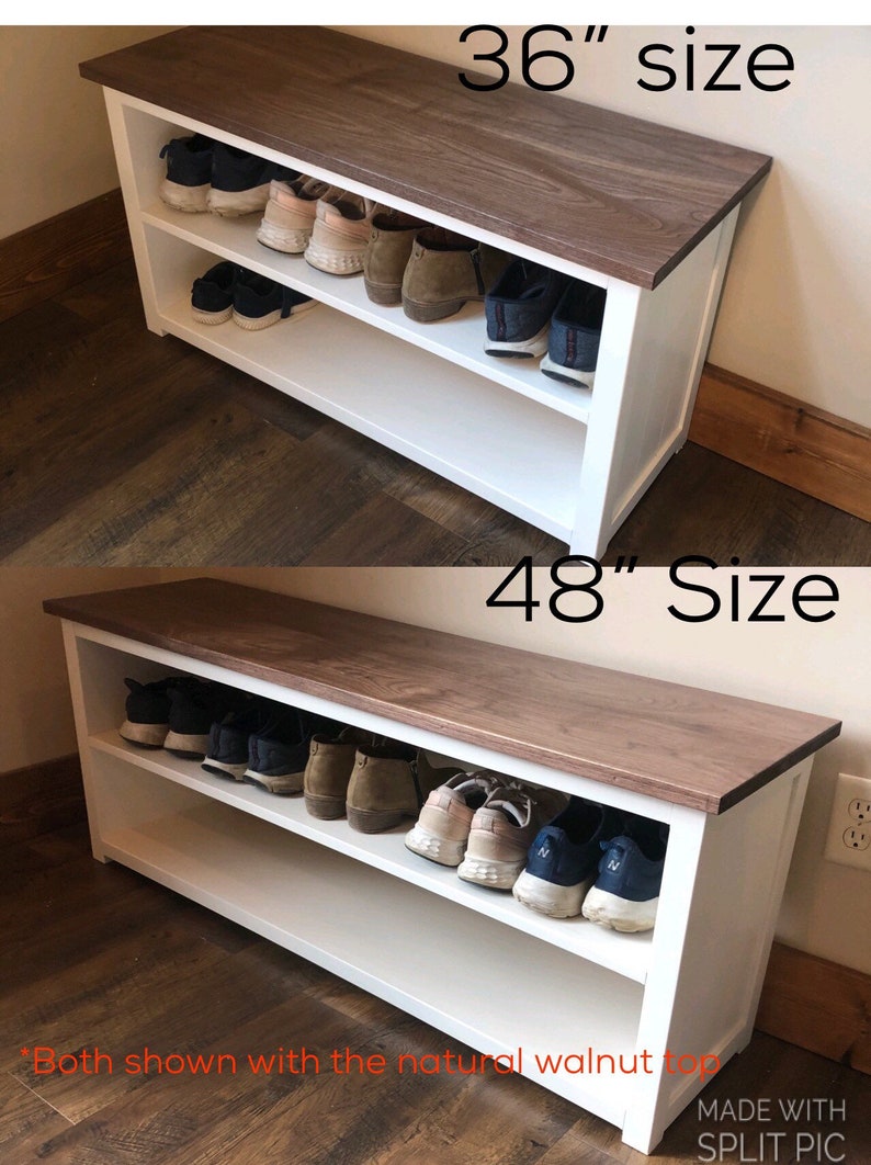 Puede incluir: Dos bancos de almacenamiento de zapatos blancos con una tapa de nogal natural. El banco de la izquierda mide 91 cm de largo y el banco de la derecha 122 cm de largo.